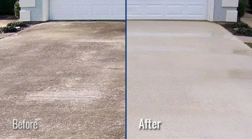 Driveway in Spring before Power Wash and after Power Wash by Spring Pressure Washing